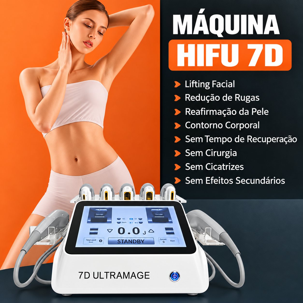 HIFU 7D com os tratamentos que permite: lifting facial, redução de rugas, reafirmação da pele e contorno corporal