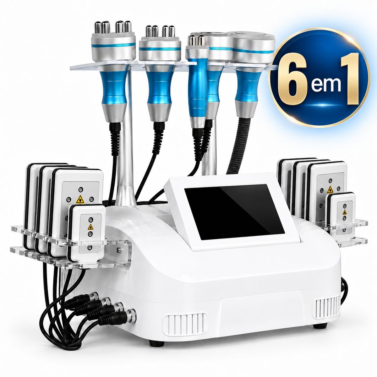 Máquina de cavitação 6 em 1, com ecrã e manípulos para tratamento corporal e facial